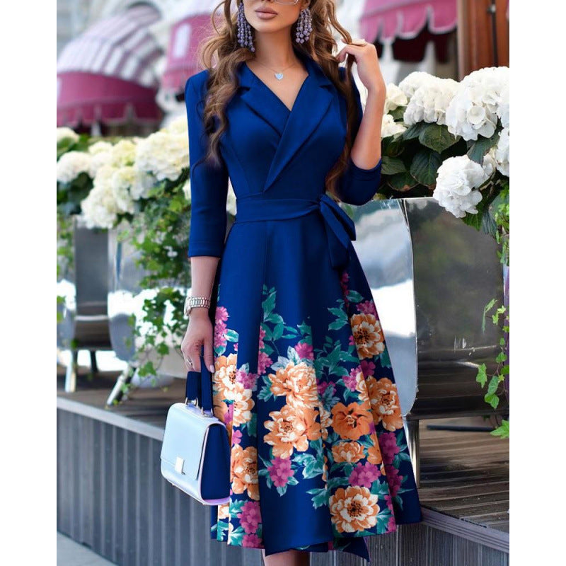 Printed V-Neck Tie Waist Three-Quarter Sleeve Midi Dress