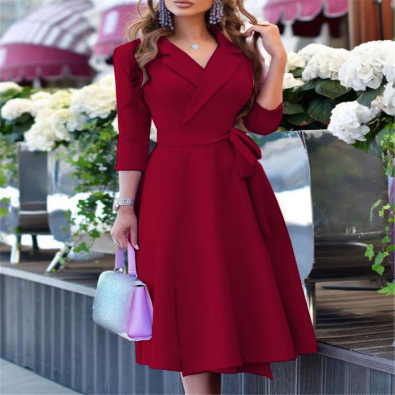Printed V-Neck Tie Waist Three-Quarter Sleeve Midi Dress