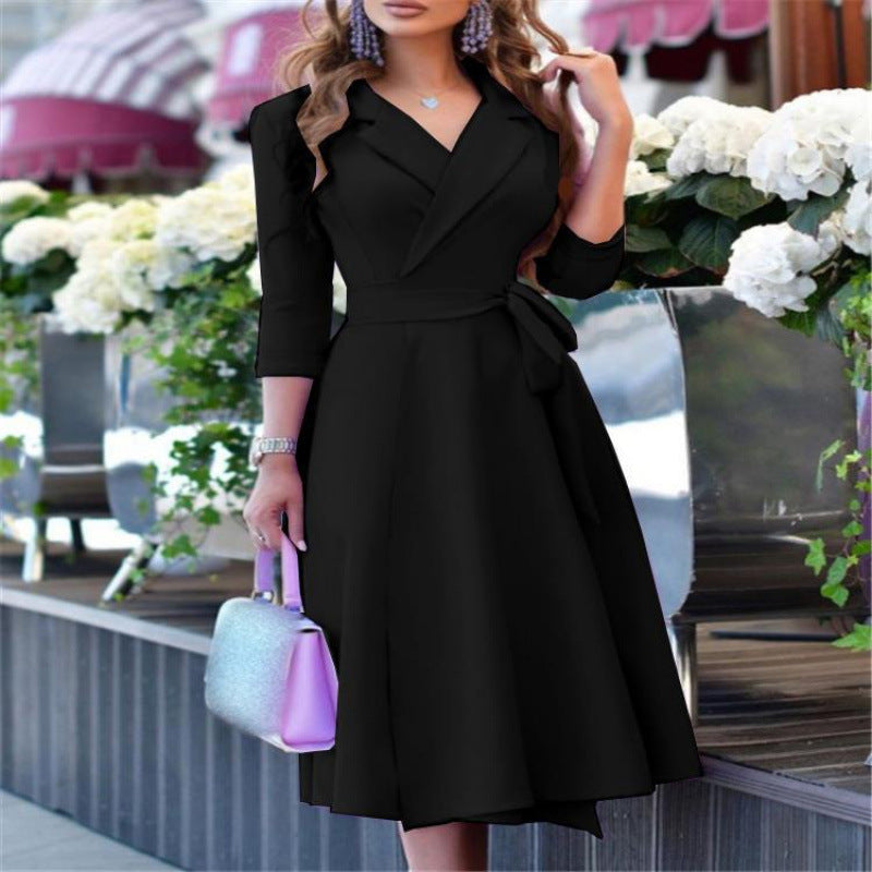 Printed V-Neck Tie Waist Three-Quarter Sleeve Midi Dress