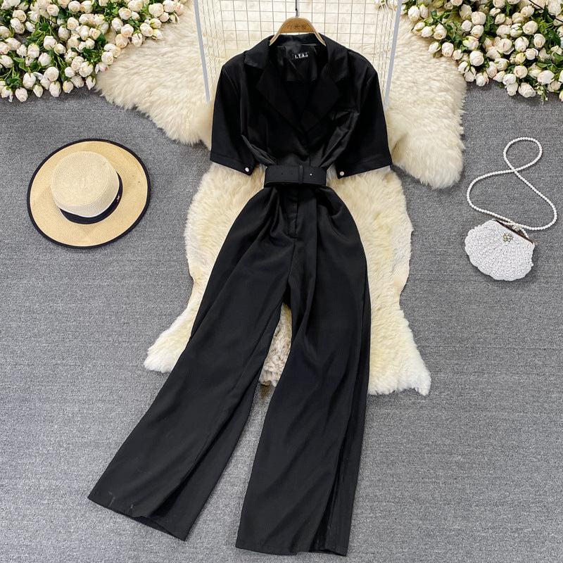 Stylish Suit Collar High Waist Wide-Leg Elegant Summer Pants Jumpsuit