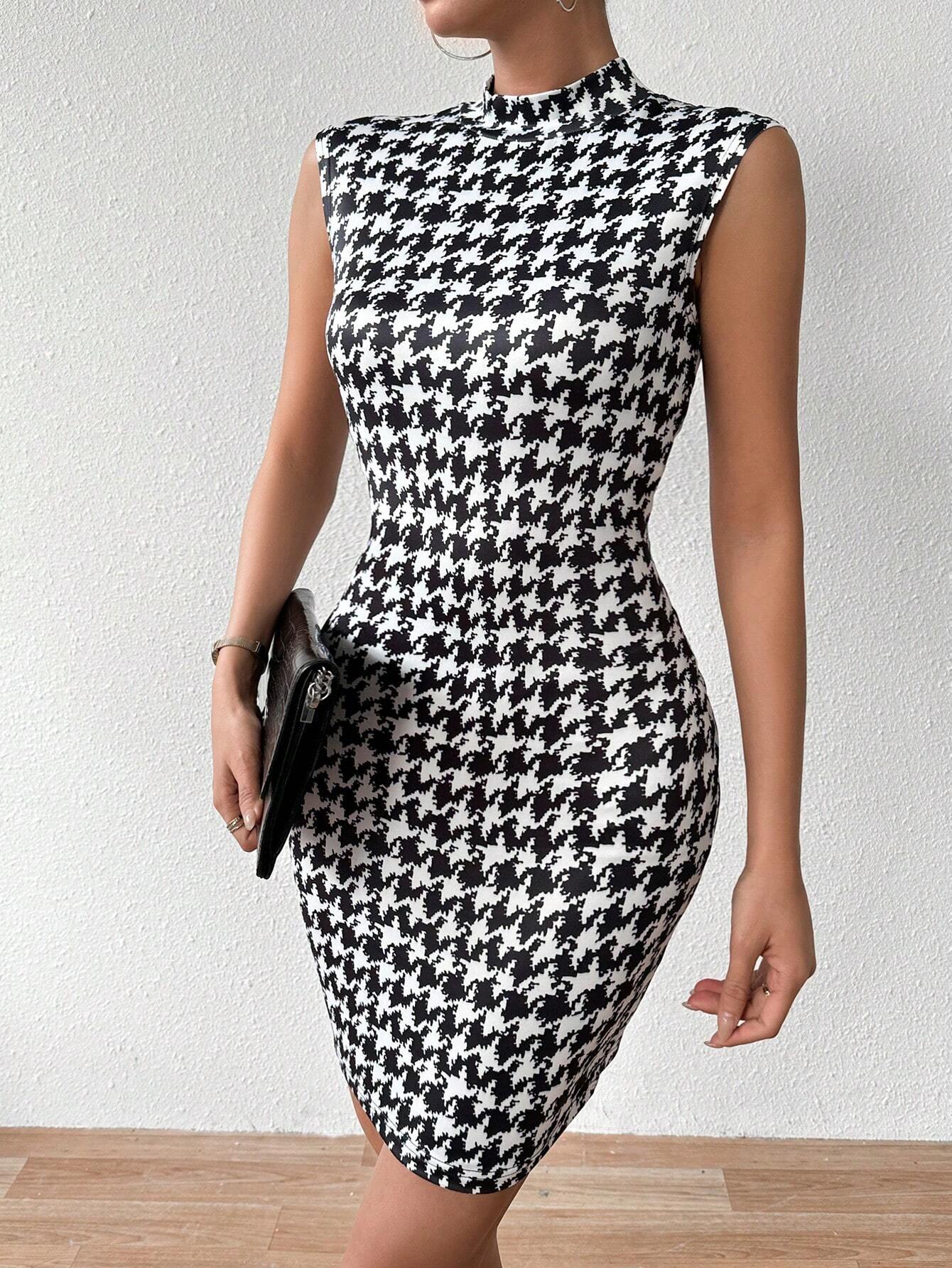 Classic Houndstooth Sleeveless Midi Dress