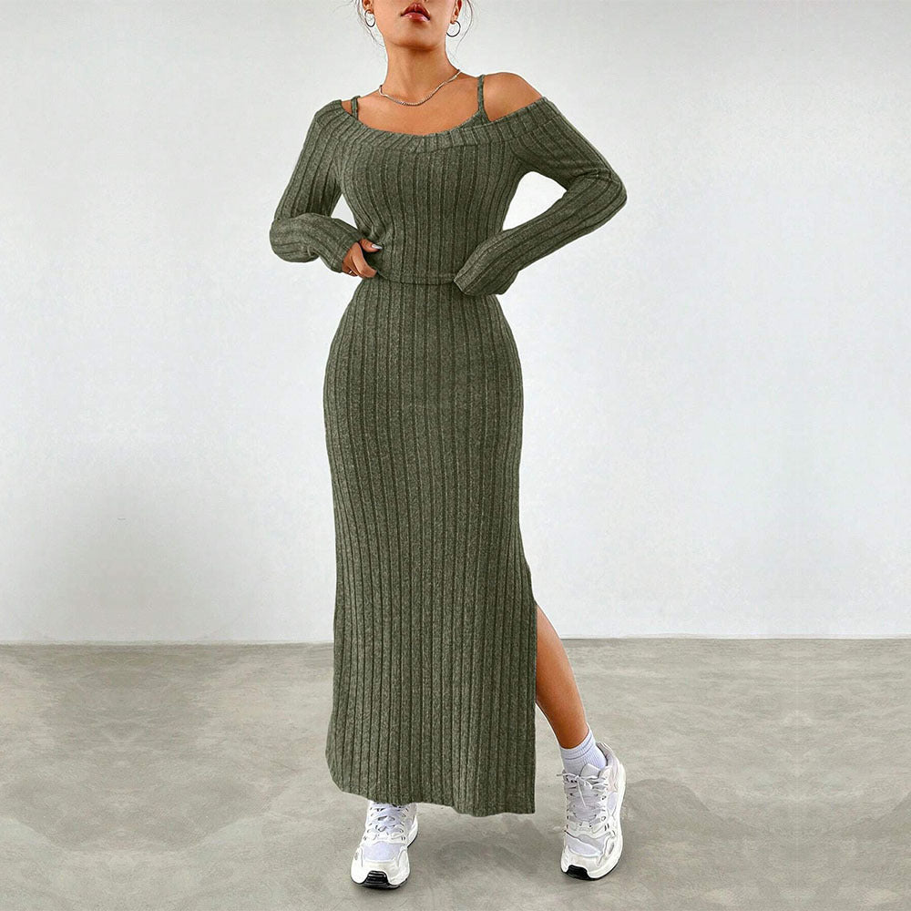 Elegant Gray Green Two Piece Office Skirt Suit for Women with Long Sleeves