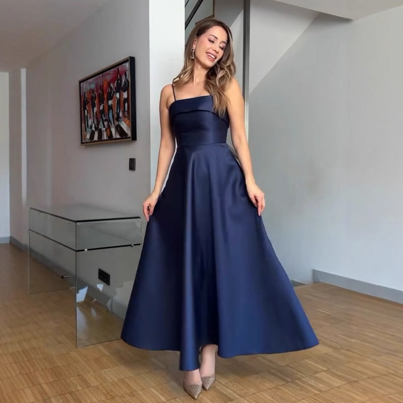 Elegant Dark Blue Satin Spaghetti Strap Backless A-Line Maxi Dress