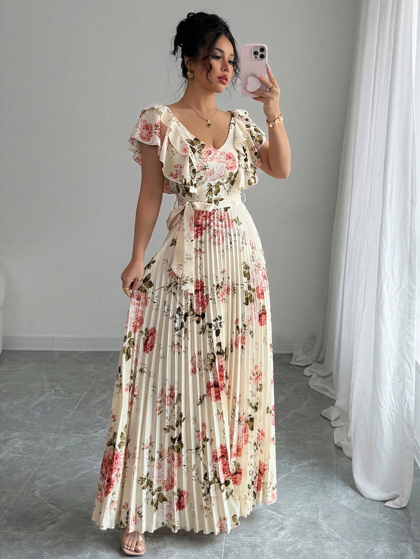 V‑Neck Digital Floral Ruffle A‑Line Dress — Romantic