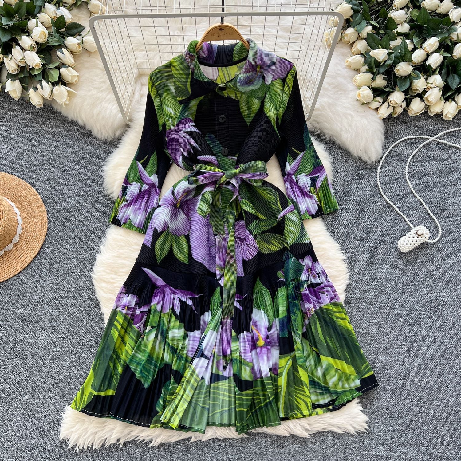 High-End Printed Lapel Button-Down Pleated Long Sleeve Midi Dress