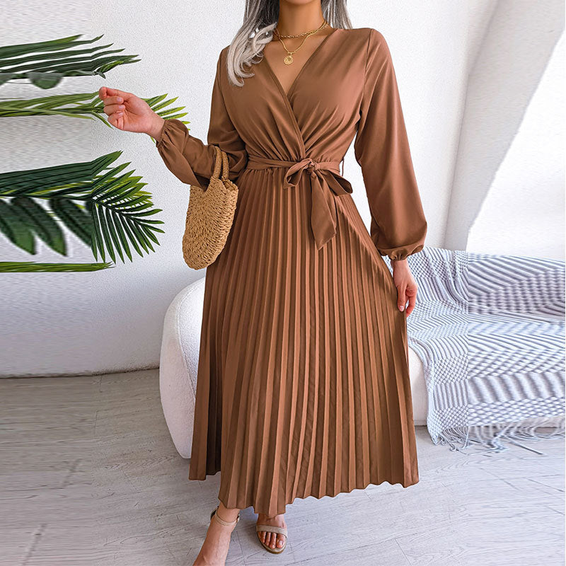Pleated Lace-Up V-Neck Long Dress