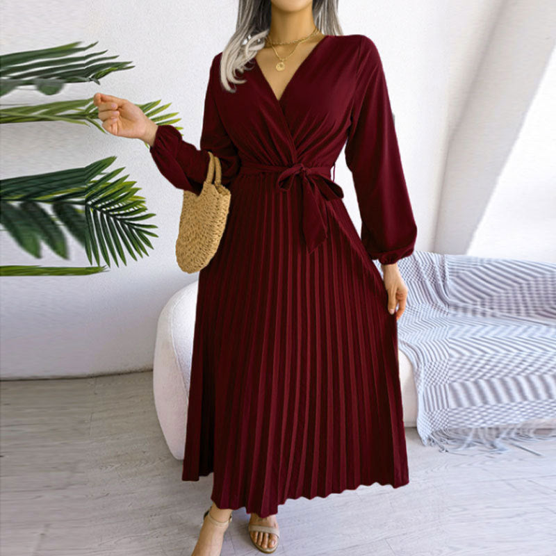 Pleated Lace-Up V-Neck Long Dress
