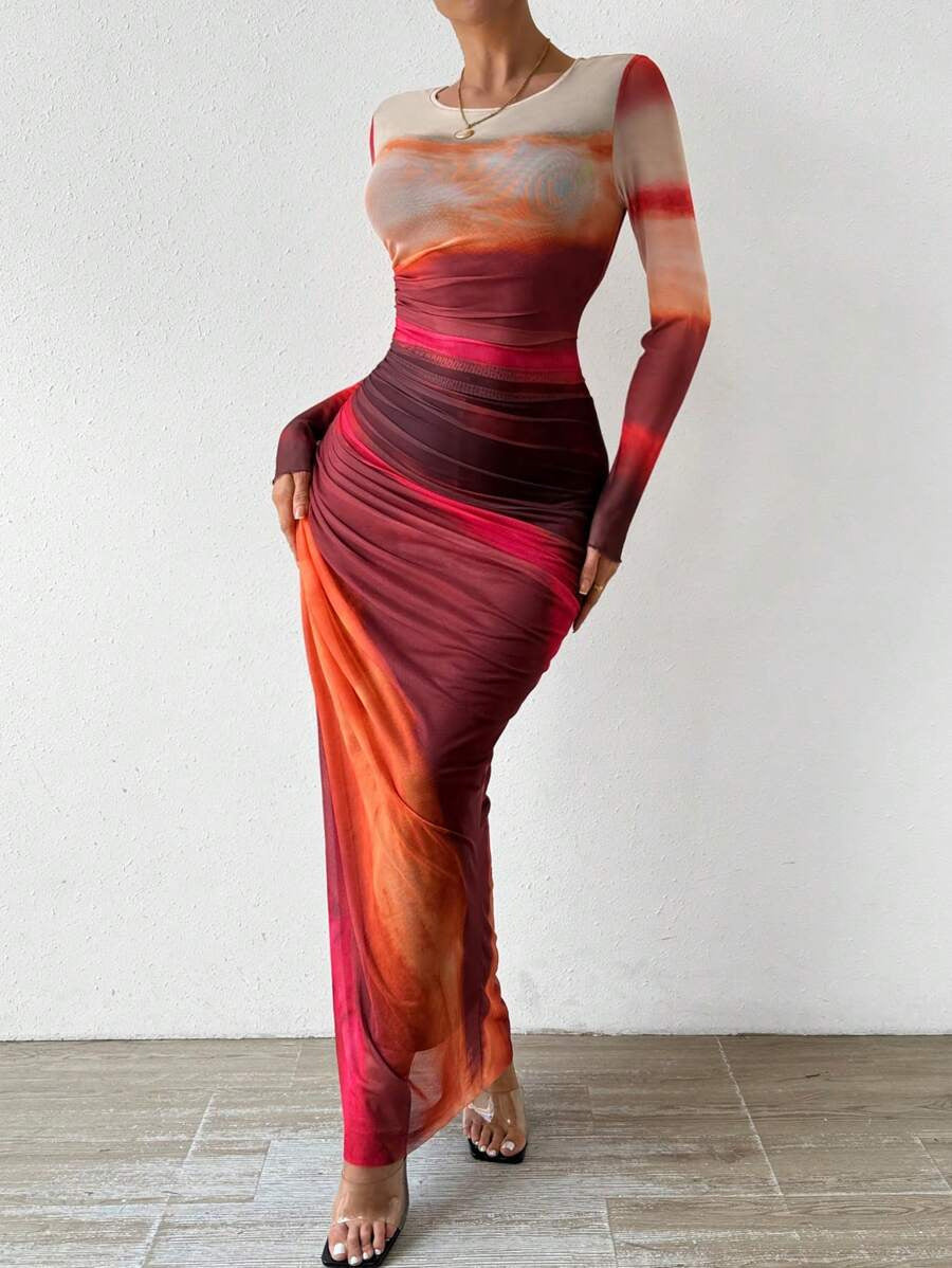 Elegant Gradient 3D Printed Polyester Fishtail Maxi Evening Dress for Women