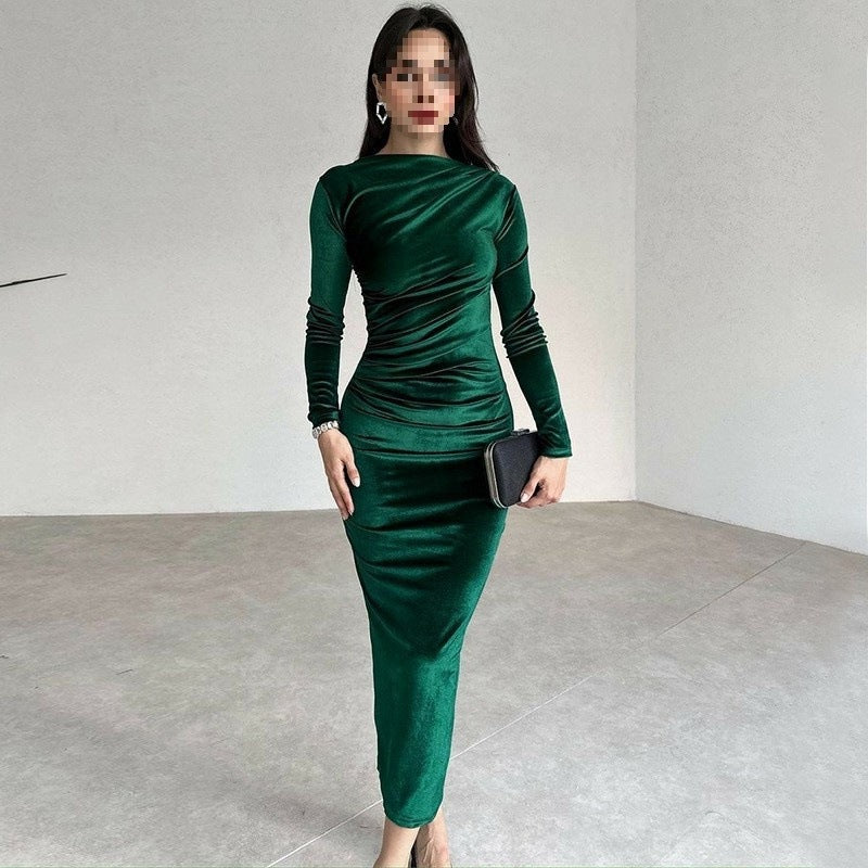 Elegant One Shoulder Tie-Dye Velvet Long Sleeve Midi Dress