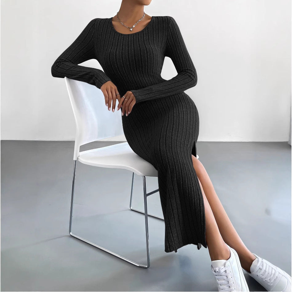 Slit Knit Maxi Dress — High‑Waist Street Style