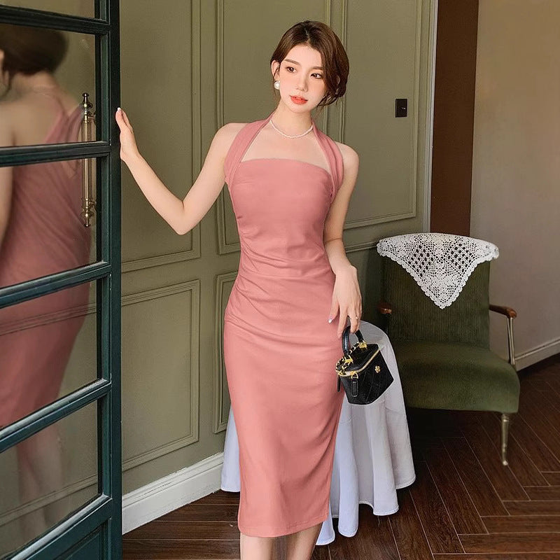 Elegant Chic Halter Neck Slim Suspender Midi Dress