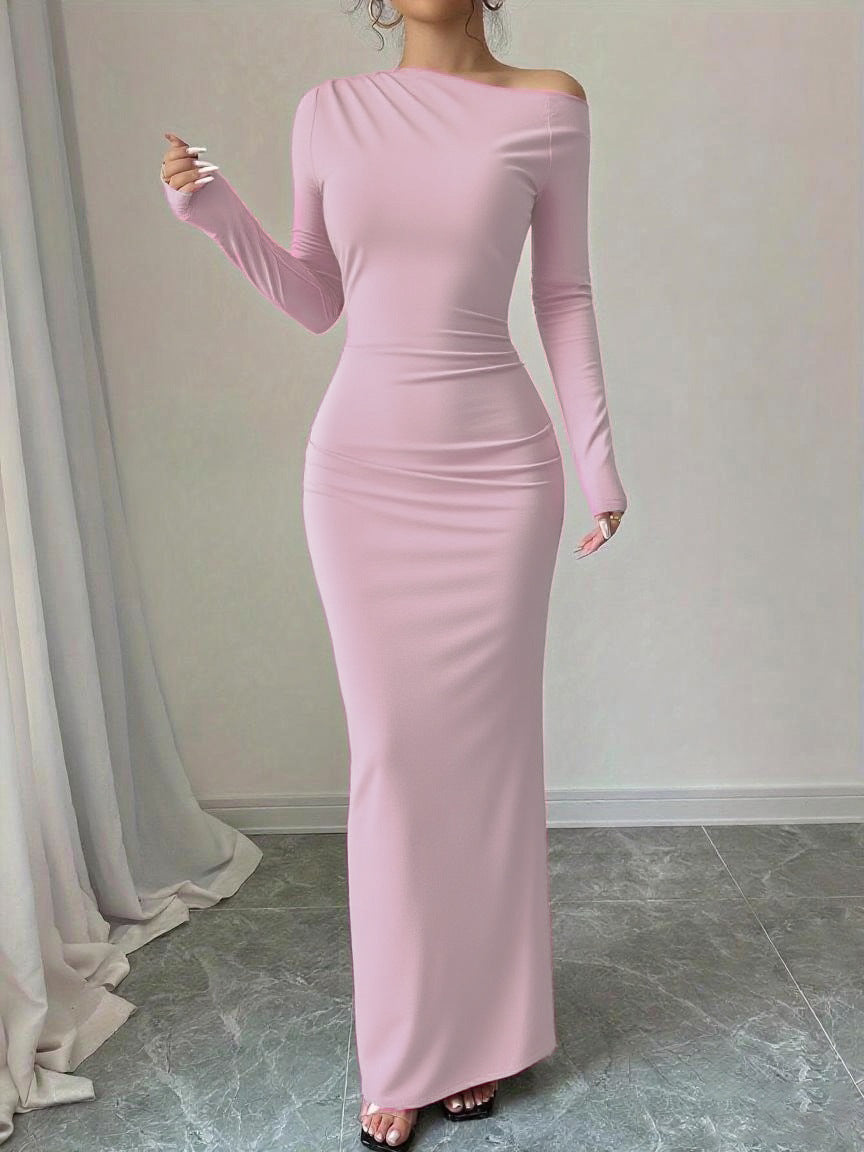 Charming Floral One-Shoulder Long Sleeve Elegant Printed Maxi Dress