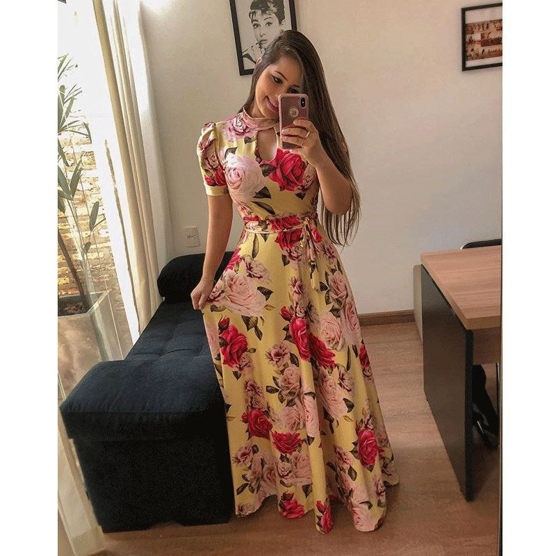 Chic Printed Polka Dot and Floral Long Swing Dress for Women