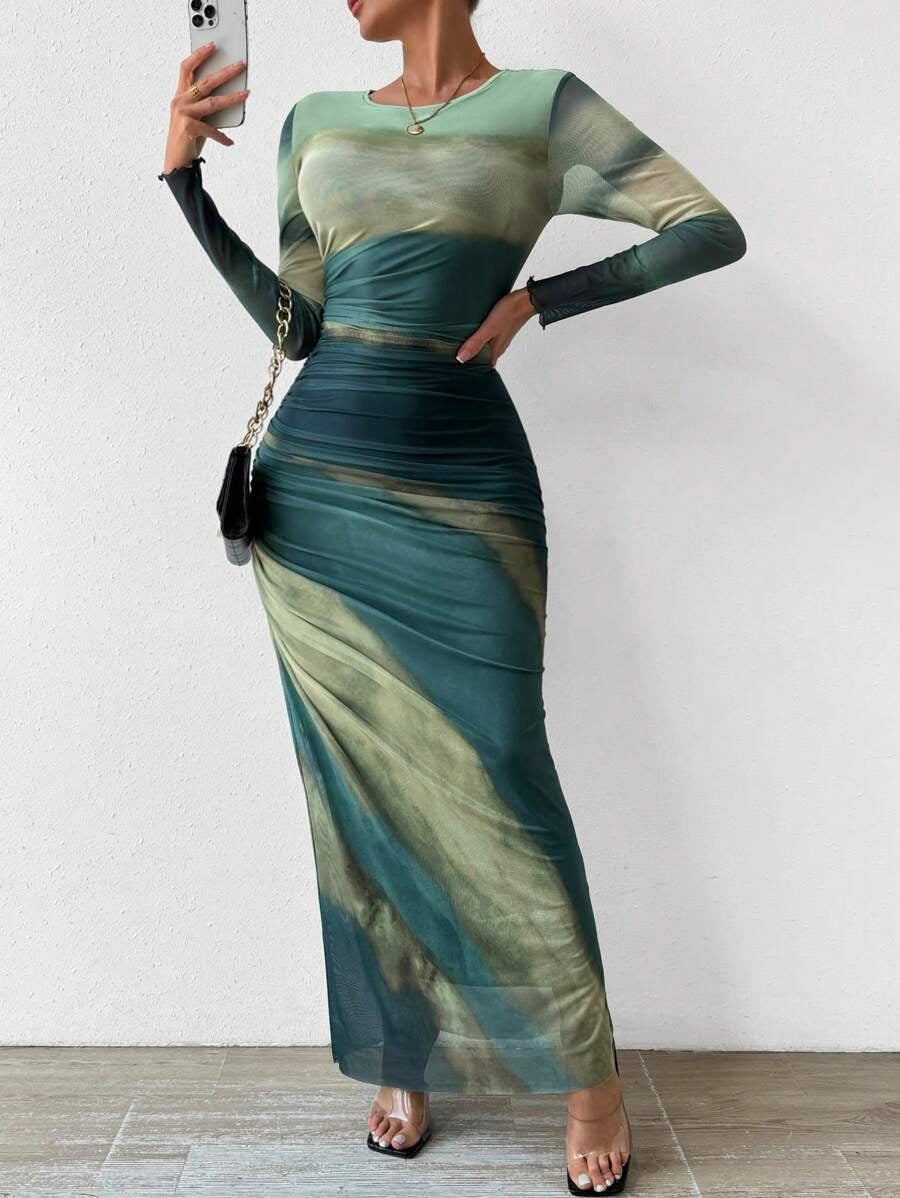 Elegant Gradient 3D Printed Polyester Fishtail Maxi Evening Dress for Women