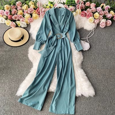 Elegant Suit Collar Long Sleeve Waist Slimming Wide-Leg Pants Jumpsuit