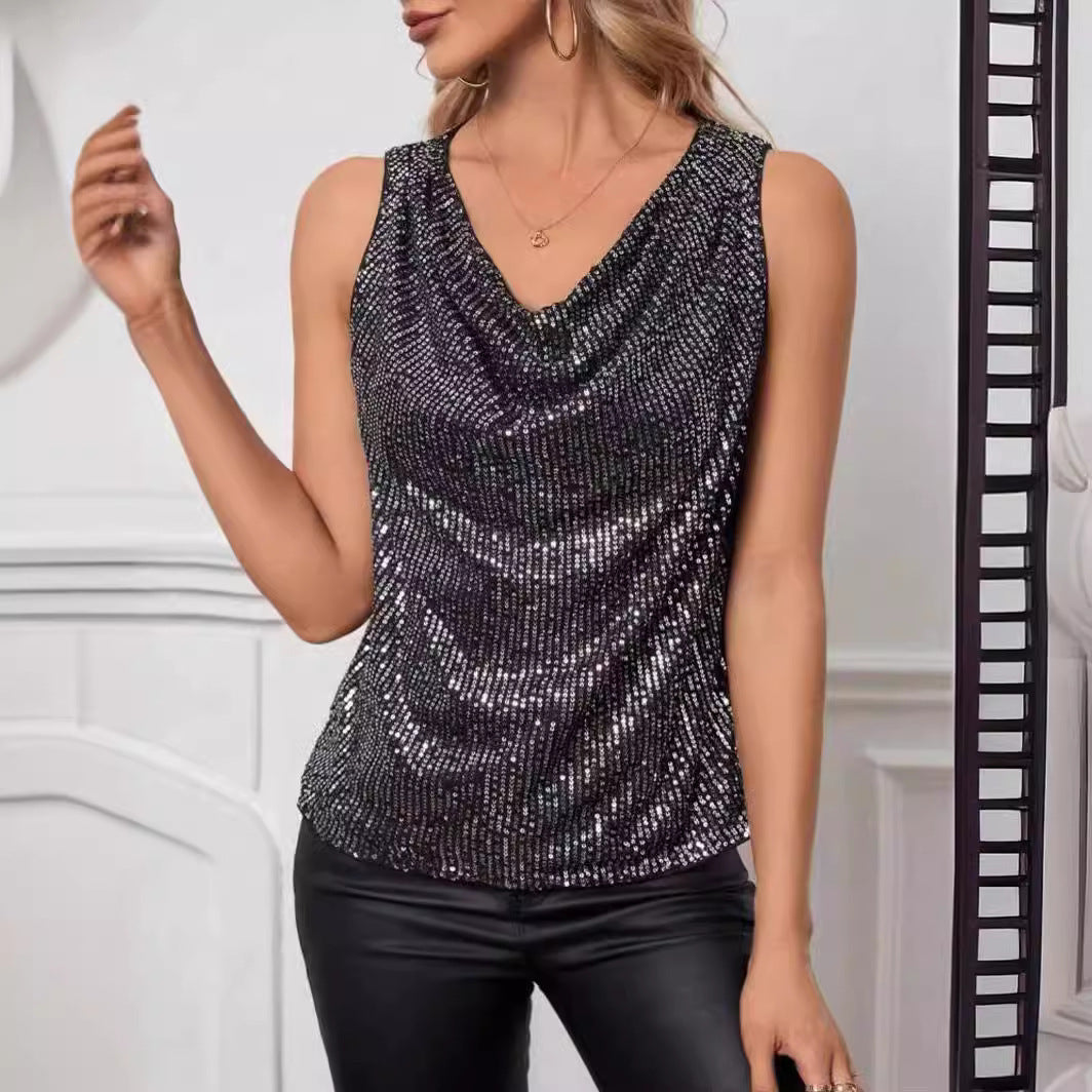 Chic Sequined Short Sleeve Loose Fit Street Style Fashion Top