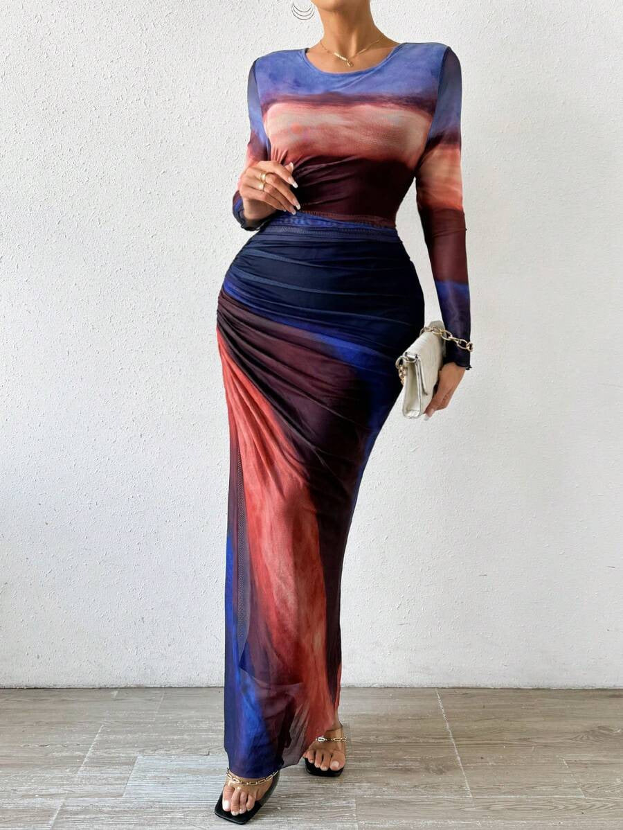 Elegant Gradient 3D Printed Polyester Fishtail Maxi Evening Dress for Women