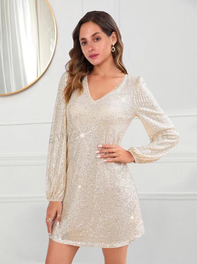 Glam Sequin V-Neck Long Sleeve A-Line Midi Dress