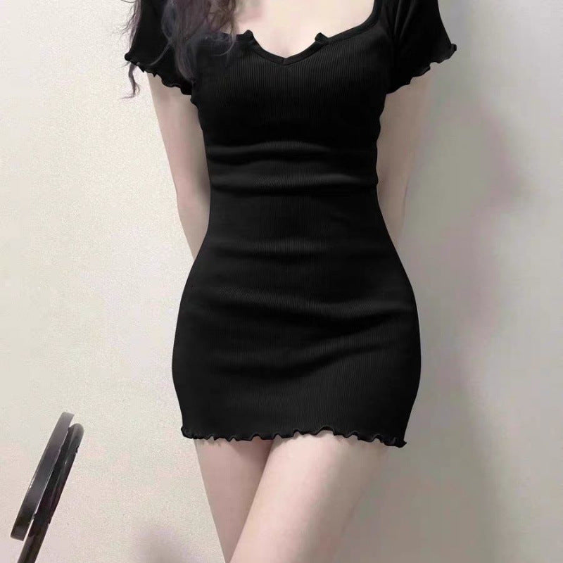 Chic Solid Color V-Neck Short Sleeve Mini Dress