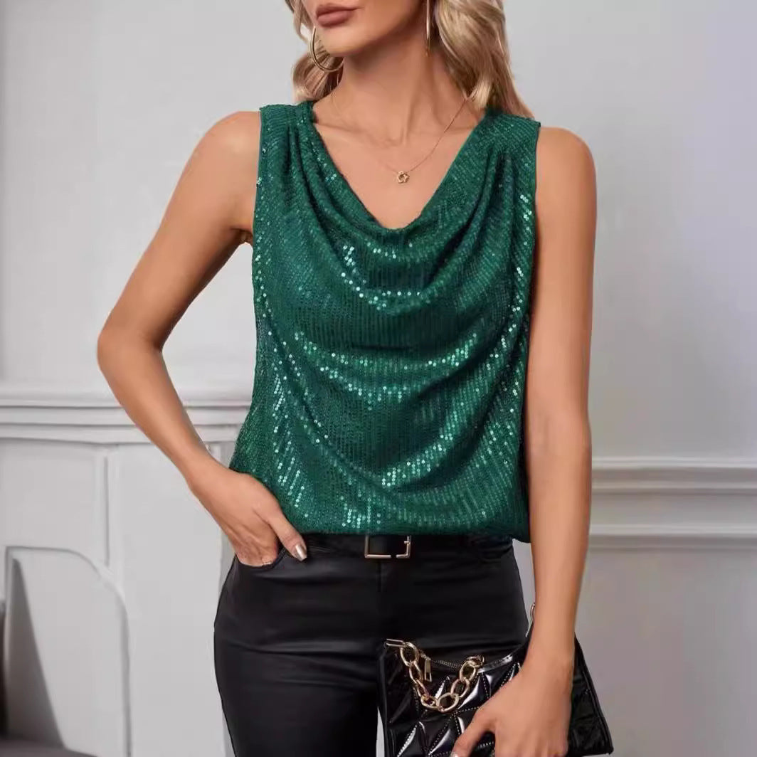 Chic Sequined Short Sleeve Loose Fit Street Style Fashion Top