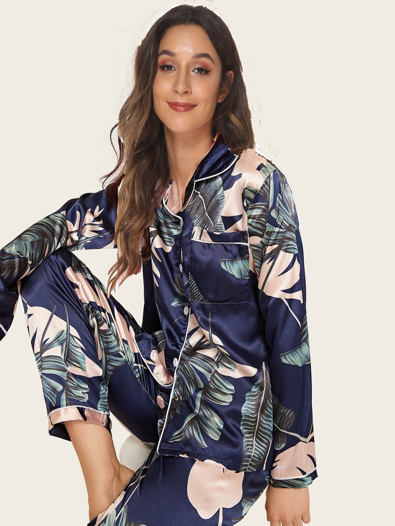 Satin Pajama Co Ord Set – Silky Lapel Shirt & Trousers, Stretch Satin