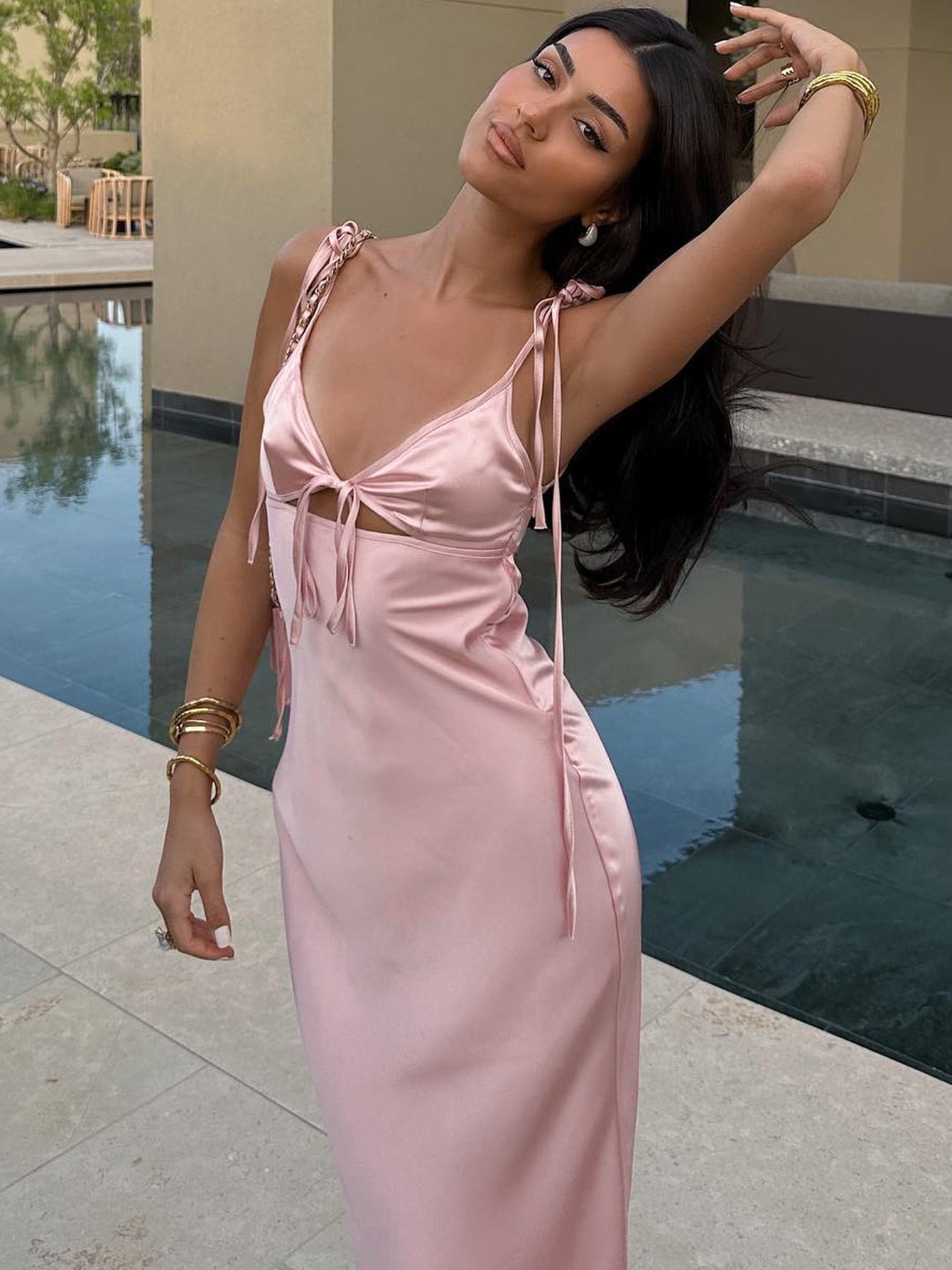 Women's Pink V-Neck Maxi Dress | Luxurious Satin Fabric with Lace-Up Back | Full-Length Prom & Event Gown