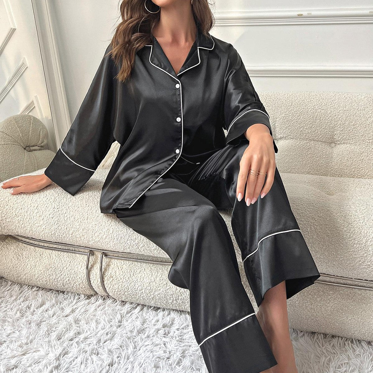 Silk-Feel Satin Co Ord Set – Lapel Shirt & Pants, Elegant Lounge