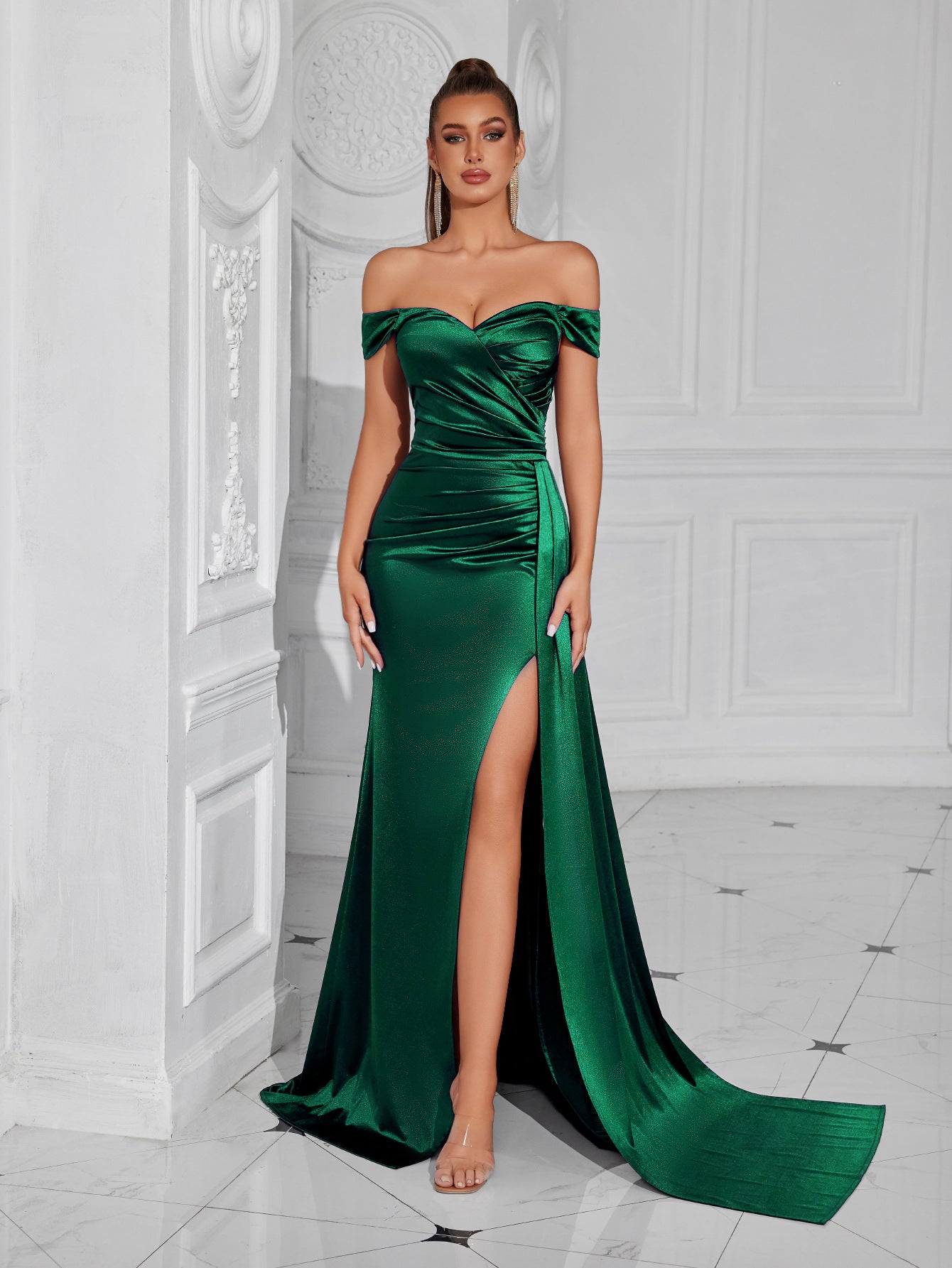 Solid One-Shoulder Slit Long Bodycon Evening Dress for Special Occasions
