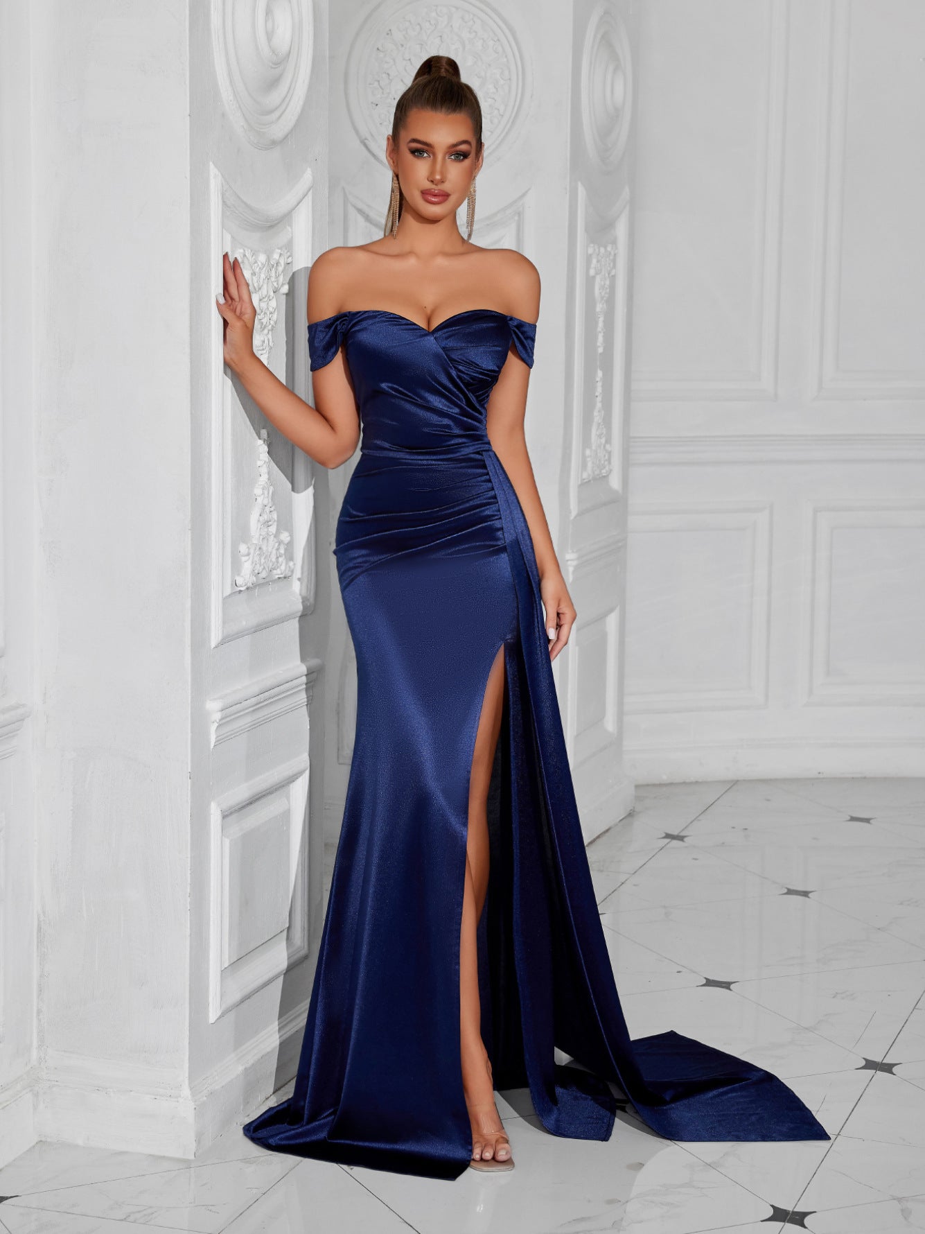 Solid One-Shoulder Slit Long Bodycon Evening Dress for Special Occasions