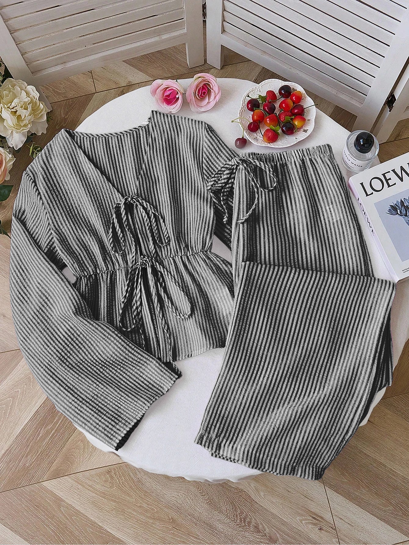 Striped Loose Fit Two-Piece Casual Pants Suit for Women
