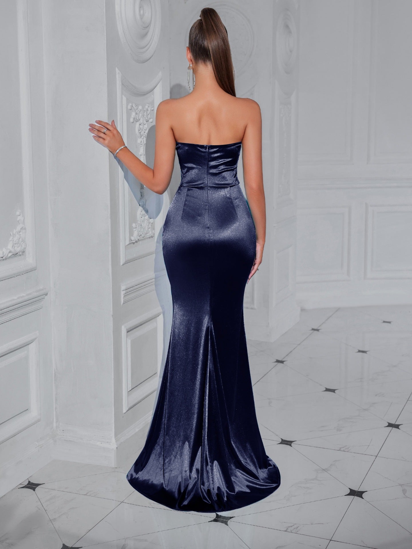 Stylish Pleated Strapless Slit Long Dress for Elegant Occasions