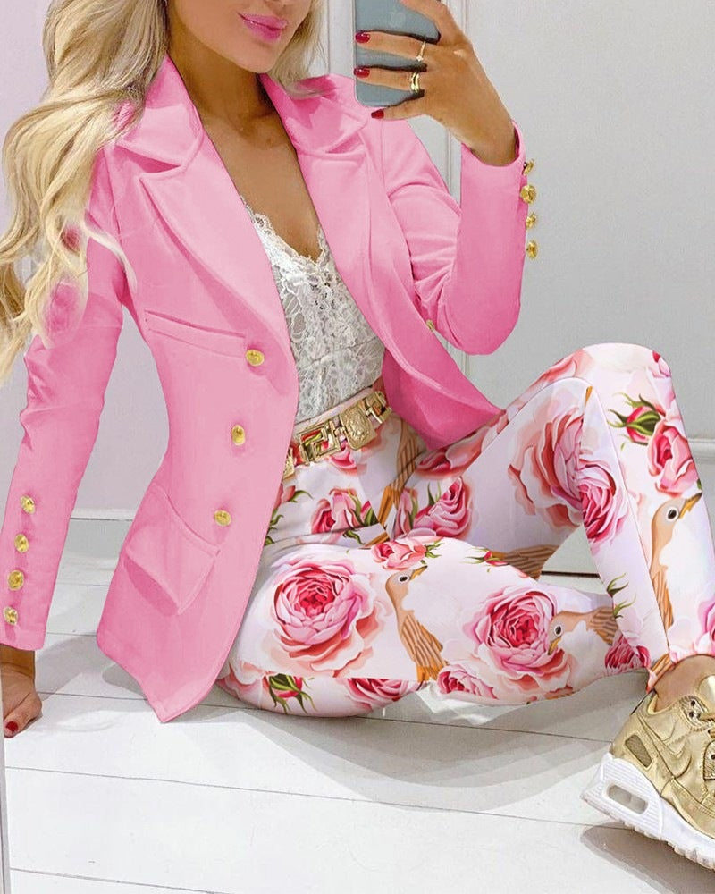 Stylish Pink Polyester Printed Long Sleeve Casual Pants Set
