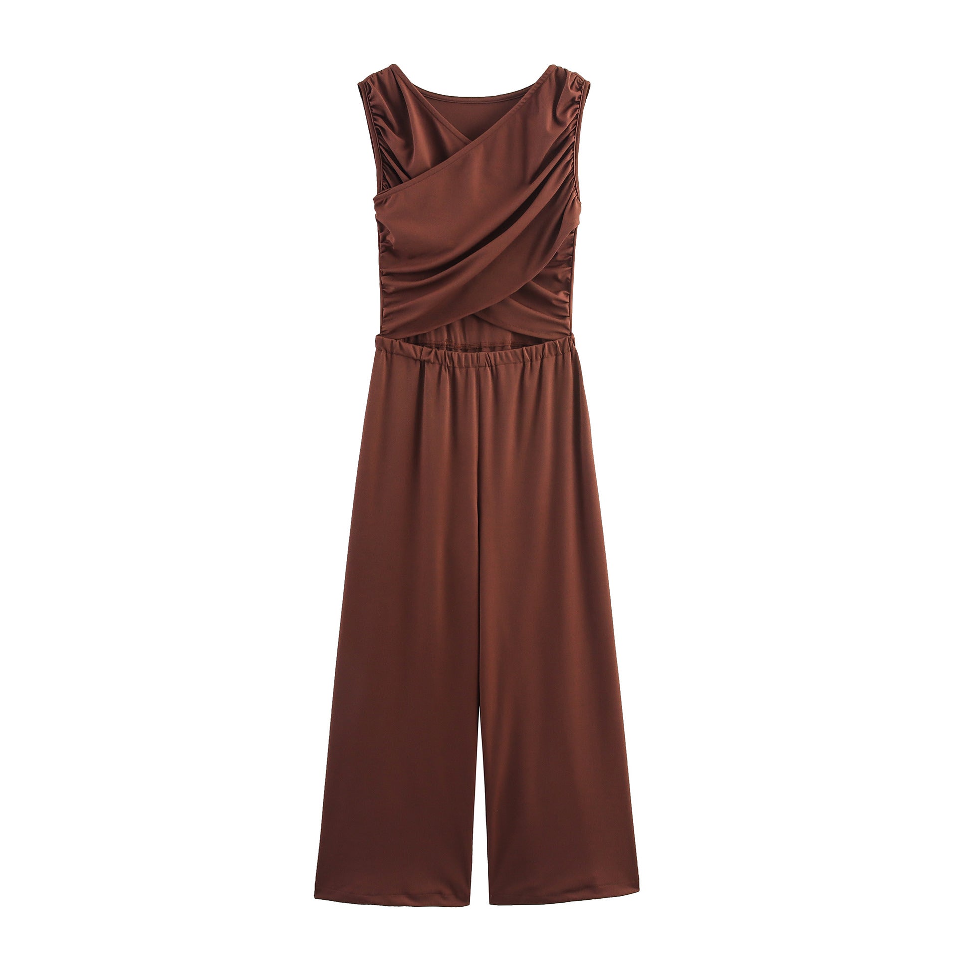 Trendy V Neck Pleated Sleeveless Wide Leg Casual Jumpsuit