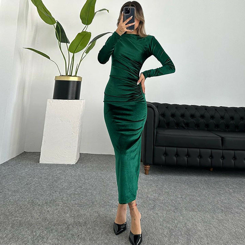 Velvet Pleated Off Shoulder Long Sleeve Evening Maxi Dress