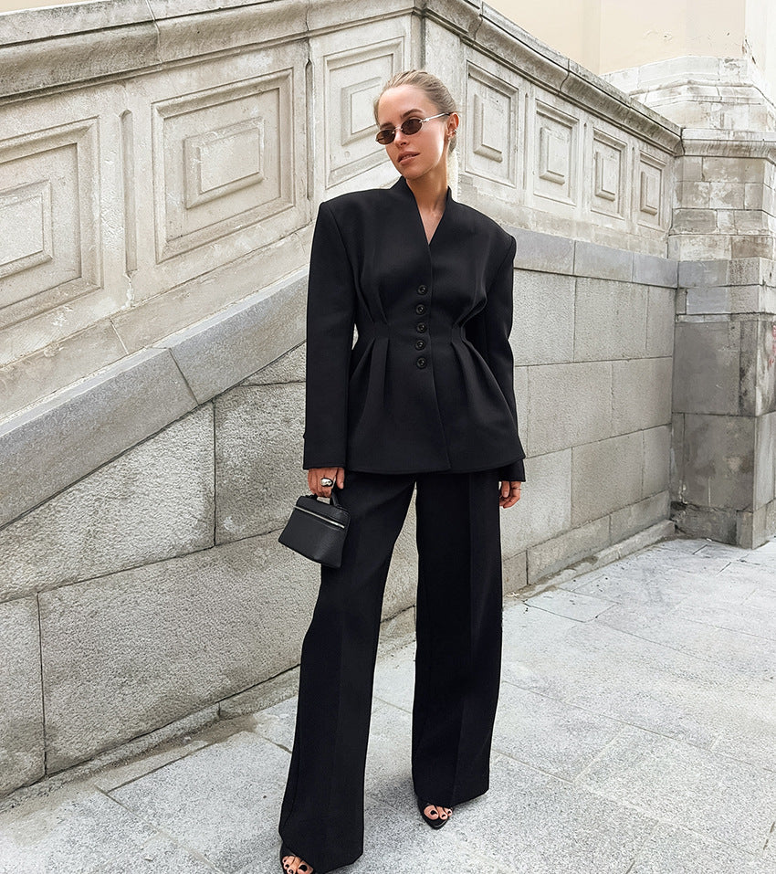 Women’s Co Ord Set Black Slim-Fit Blazer & Trousers Suit (Wool Blend)