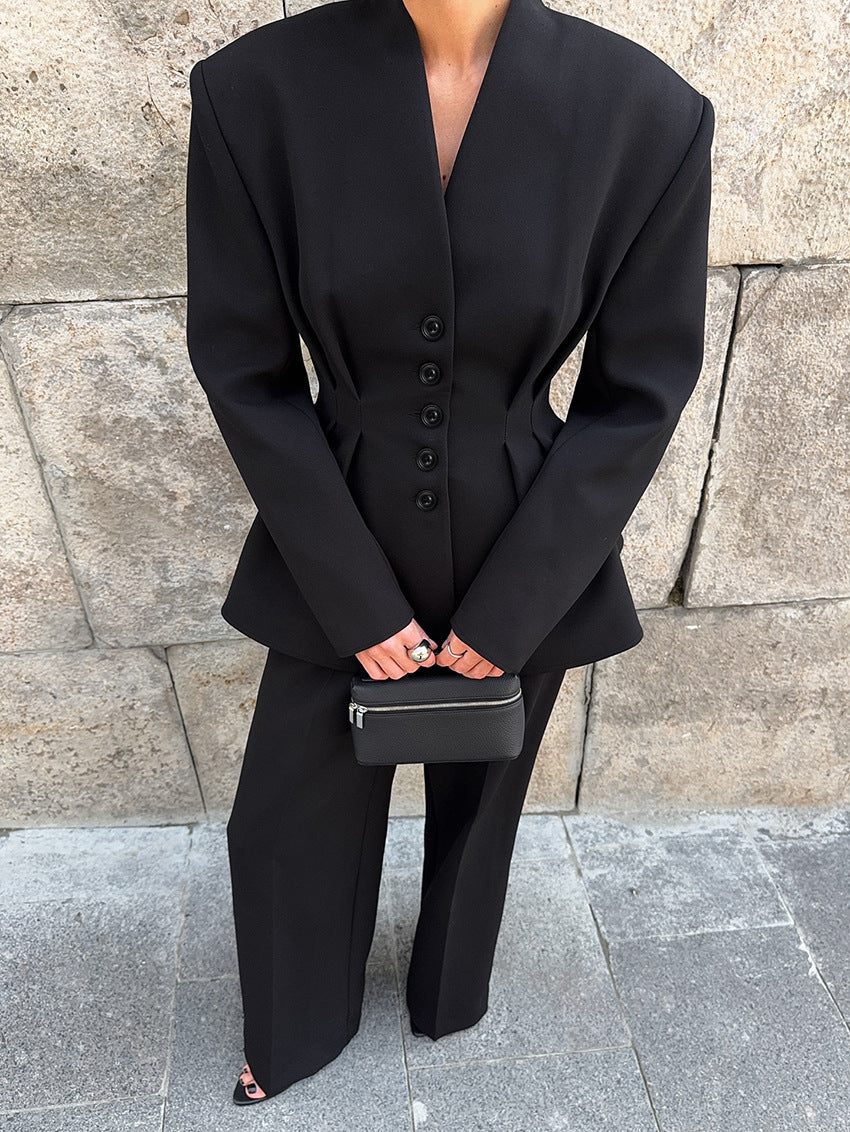 Women’s Co Ord Set Black Slim-Fit Blazer & Trousers Suit (Wool Blend)