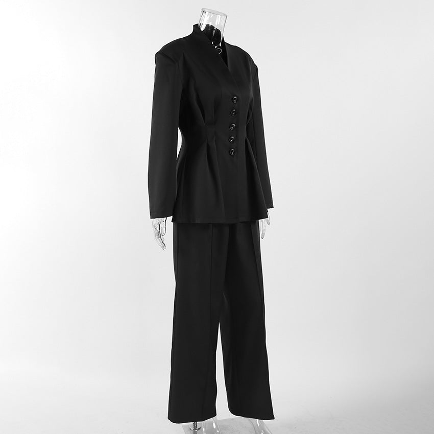 Women’s Co Ord Set Black Slim-Fit Blazer & Trousers Suit (Wool Blend)