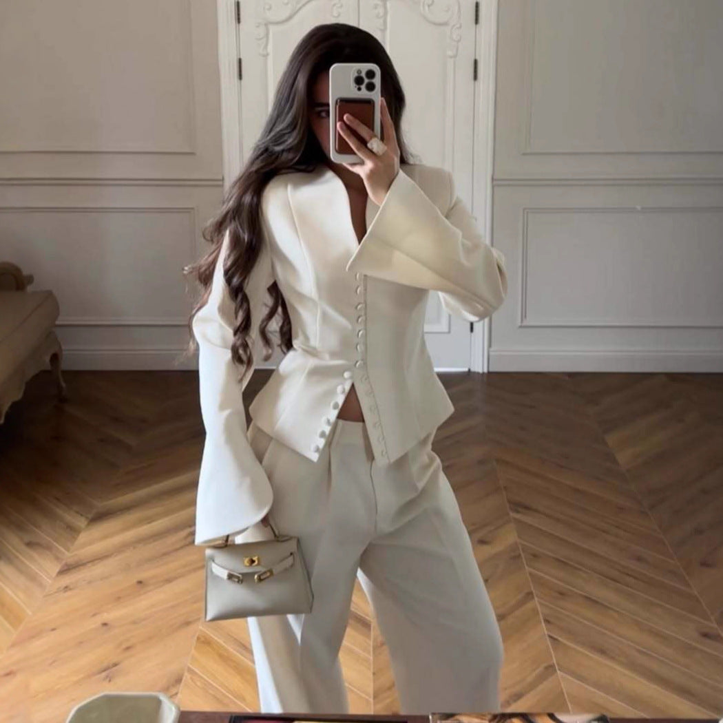 Women’s Co Ord Set Elegant Professional Suit Jacket & Straight Pants (White)