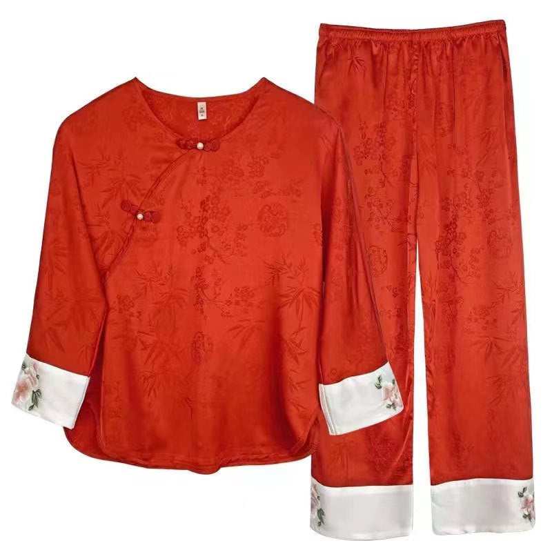 Women’s Co Ord Set Embroidered Ice Silk Pajama (Shanghai Story Series)