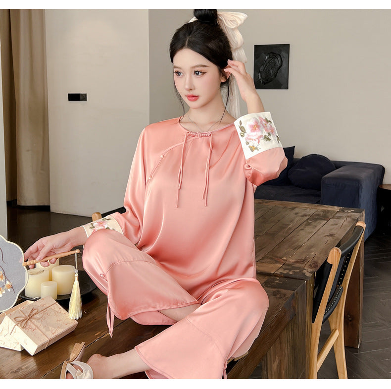 Women’s Co Ord Set Ice Silk Pajama Lounge Set (Chinese Style)