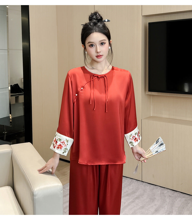 Women’s Co Ord Set Ice Silk Pajama Lounge Set (Chinese Style)
