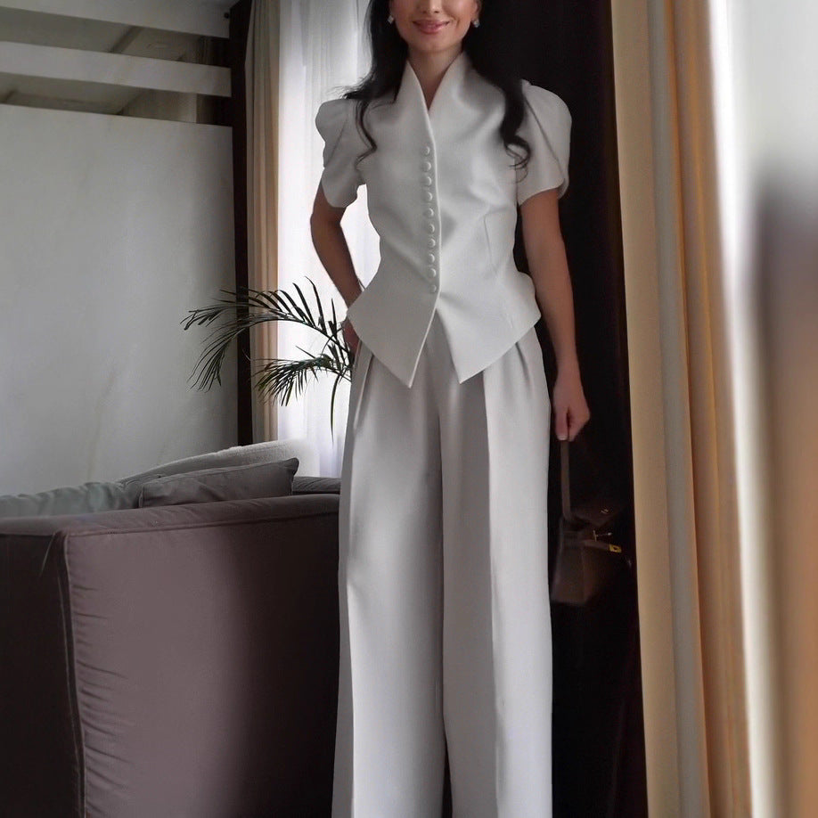 Women’s Co Ord Set Long Sleeve Padded Suit Jacket & Wide-Leg Pants