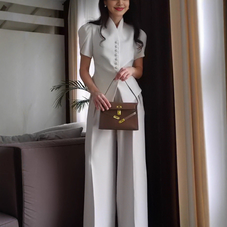 Women’s Co Ord Set Long Sleeve Padded Suit Jacket & Wide-Leg Pants