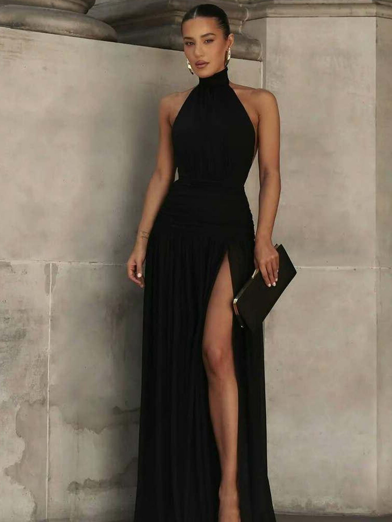 Women's Black Halter Neck Maxi Dress | Full-Length Pleated Gown with Backless Design | Formal Attire & Party Wear