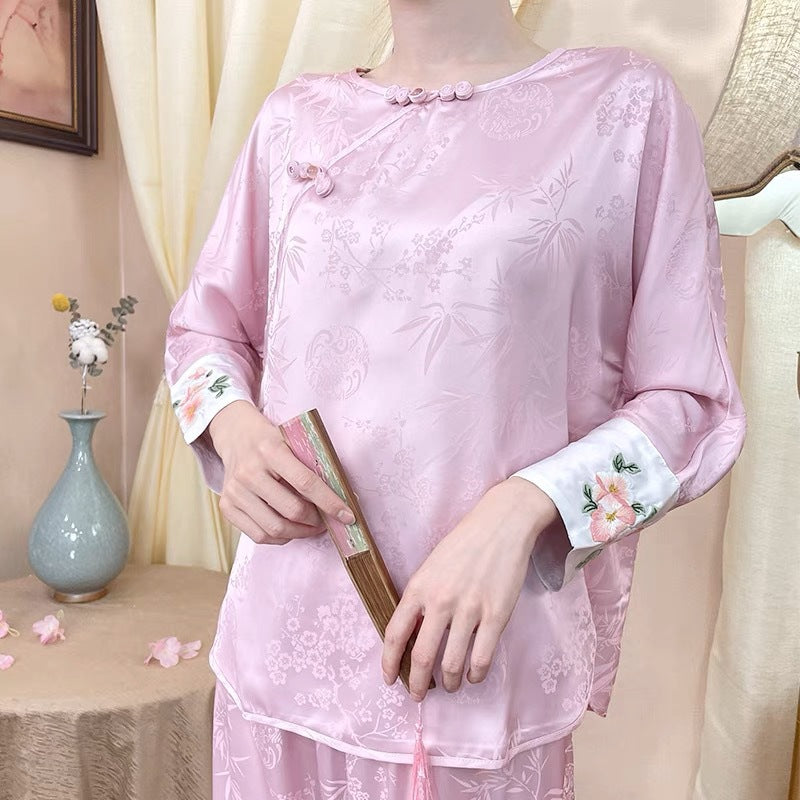 Women’s Co Ord Set Embroidered Ice Silk Pajama (Shanghai Story Series)