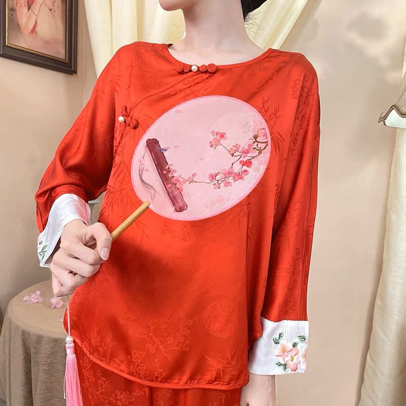 Women’s Co Ord Set Embroidered Ice Silk Pajama (Shanghai Story Series)