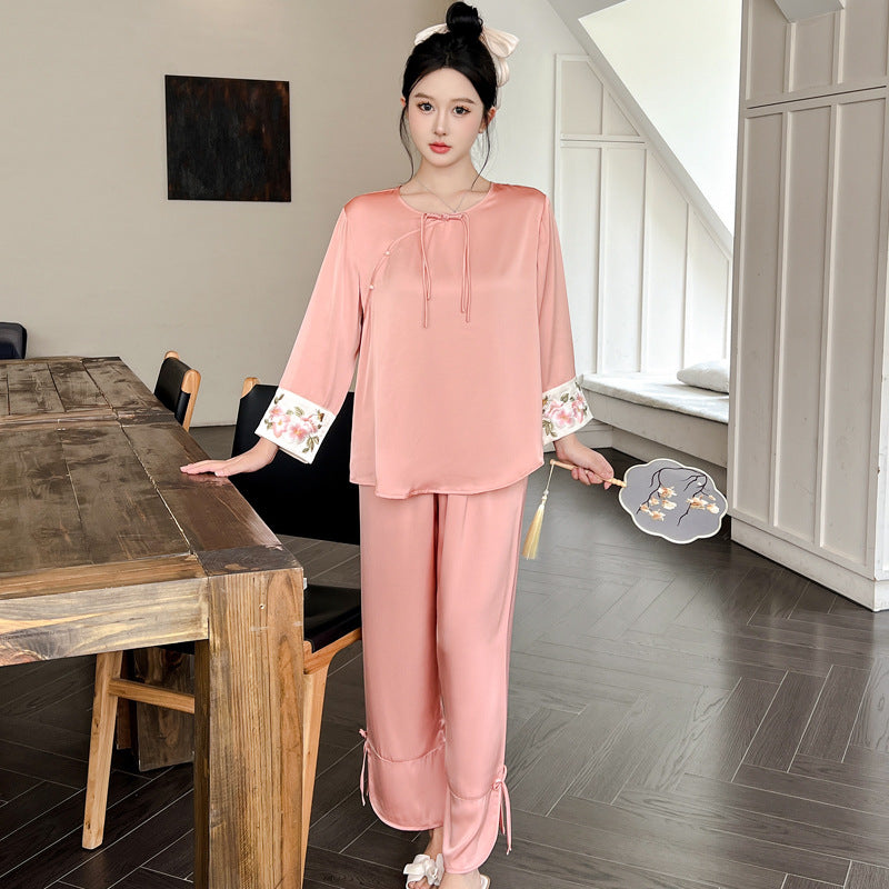 Women’s Co Ord Set Ice Silk Pajama Lounge Set (Chinese Style)