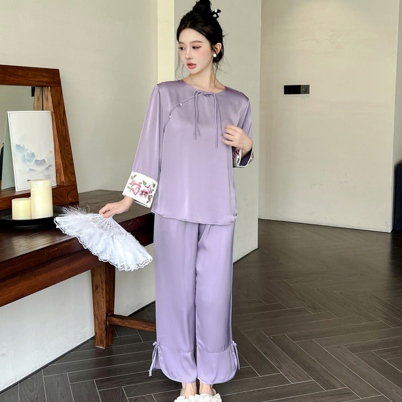 Women’s Co Ord Set Ice Silk Pajama Lounge Set (Chinese Style)