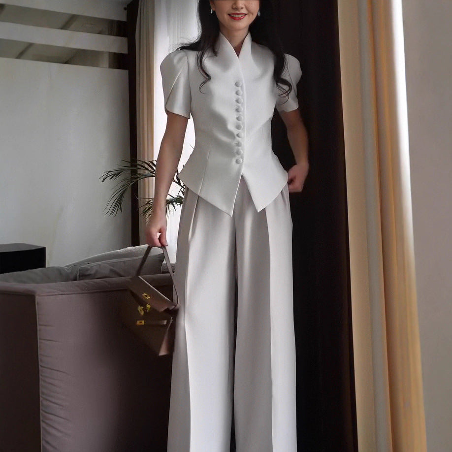 Women’s Co Ord Set Long Sleeve Padded Suit Jacket & Wide-Leg Pants