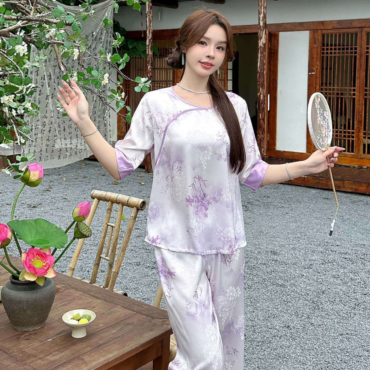 Women’s Co Ord Set Ice Silk Pajama (Short Sleeve Modern Chinese Style)